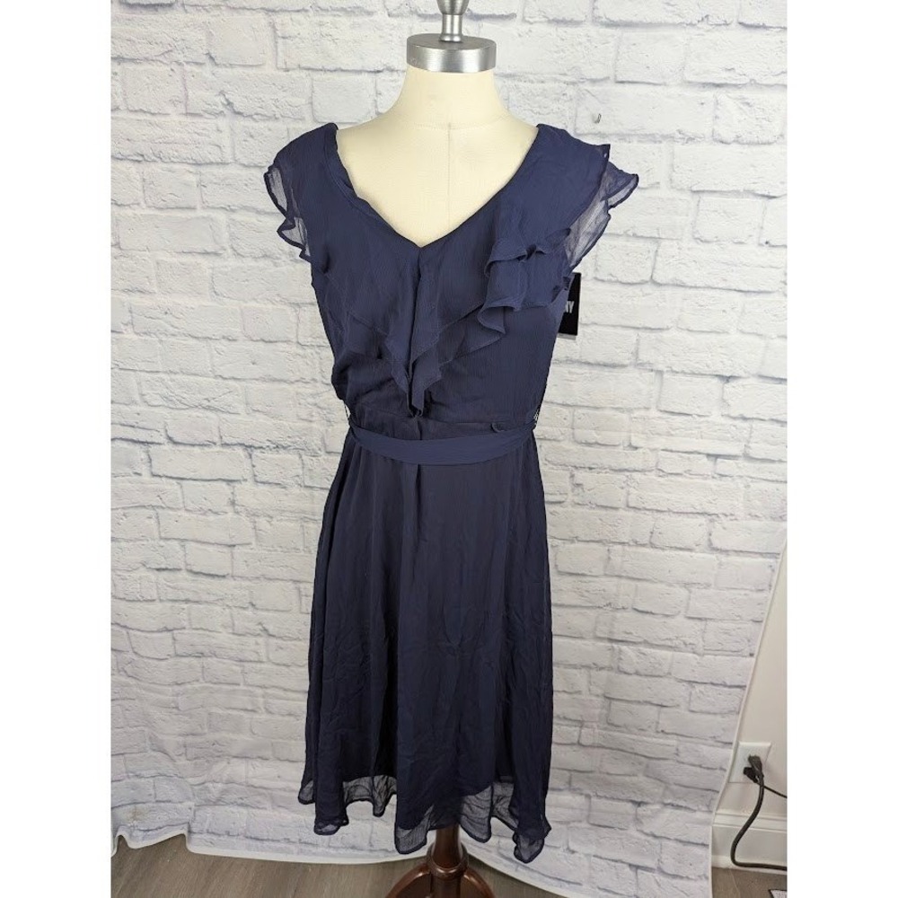 DKNY Double Ruffle Collar Dress Navy Blue Size 8 Sleeveless Knee Length - Picture 2 of 5